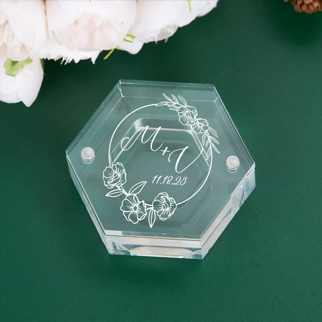 Clear Hexagon Personalized Acrylic Ring Box Custom Acrylic Ceremony Jewelry Boxes