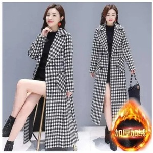 Women's Long Plaid Wool Coat Thickened Slim Fit Elegant Houndstooth Fashion Winter Outerwear - Product Image 3
