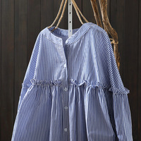 Chemise en coton rayée bleue pour femme, à manches longues, nouveau style printemps, avec bordure ondulée, coupe ample amincissante, chemise de base
