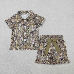 Ensemble de vêtements pour bébés filles, manches courtes, chemise à boutons et nœuds camouflage, short, pyjama - Product Image 1