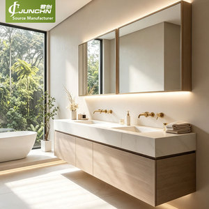 <span class=keywords><strong>Mobile</strong></span> <span class=keywords><strong>Bagno</strong></span> Sospeso in Legno Chiaro su Misura, Set <span class=keywords><strong>Mobile</strong></span> <span class=keywords><strong>Bagno</strong></span> a Parete <span class=keywords><strong>con</strong></span> Doppio Lavabo e Top in Pietra Sinterizzata - Product Image 1