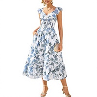 Robe longue vintage personnalisée OEM ODM pour femme, à motif floral, manches à volants, poches, silhouette trapèze, décoration smockée, décontractée pour les vacances