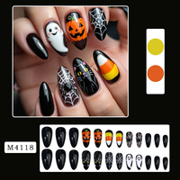 Faux ongles autocollants Halloween motif toile d'araignée et citrouille, taille moyenne, style Instagram, style européen et américain