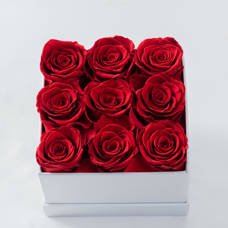 9 rose dans une boîte carrée