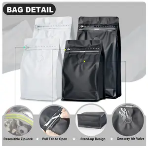 Sacs d'emballage pour café en aluminium à fond plat avec fermeture à huit côtés, valve et fermeture éclair, personnalisables, 125G, 500G, 1Kg, 250G - Product Image 3