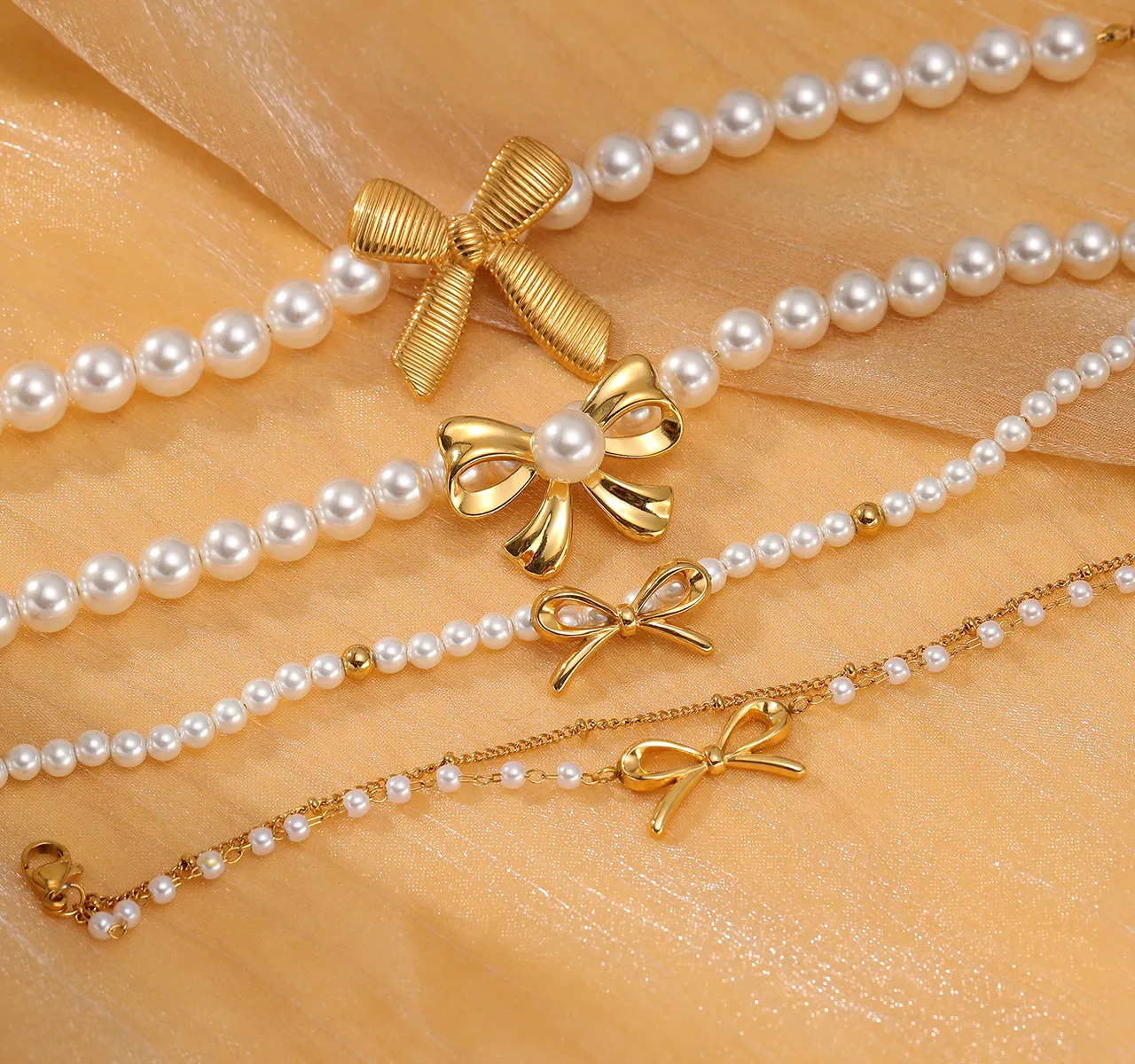 Handmade Luxury 18K Gold Stainless Steel Bow-Tie Bracelets with Pearl Chain Bow-Knot Party Jewelry Women Girls Fashion Gift