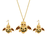 Parure de bijoux pour femme style néo-gothique pour fête d'Halloween, collier et boucles d'oreilles en alliage de zinc avec pendentifs chat, citrouille et chauve-souris