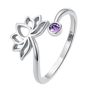 925 Sterling <b>Silver</b> Women's Wedding <b>Ring</b> Purple <b>Cubic</b> <b>Zirconia</b> Lotus Shape Adjustable Rhodium Plated <b>Ring</b> Wholesale Fine Jewelry - Product Image 1