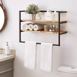 Étagère murale en fer et bois, 3 niveaux, couleur bois naturel, étagères de salle de bain durables - Product Image 3