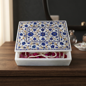 Royal Lapis Lazuli Marble Inlay Polished Eco-Friendly Figurine Jewelry <b>Keepsake</b> <b>Box</b> Handmade Octagonal Pietra Dura Stone Hindu - Product Image 3