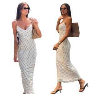 เดรสยาวทรงวีคอพิมพ์ลายจุดดิจิทัลสำหรับผู้หญิง  แบบลำลอง  ใส่สบาย  เป็นมิตรกับสิ่งแวดล้อม เหมาะสำหรับฤดูร้อน  ตกแต่งด้วยผ้าตาข่าย  ดีไซน์สวยงามเป็นธรรมชาติ - Product Image 1