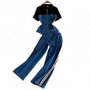 Summer Casual Sport One Set for <b>Women</b> Eco-Friendly Anti-Wrinkle Breathable Slim Sweat Suits Color Blocking V-neck Full-Length - Product Image 5