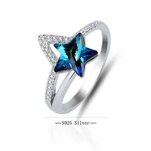 Модное 925 стерлингового серебра, простое пятиугольное кольцо в форме звезды, австрийские кристаллы