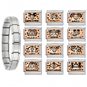 Zodiac Italian Charm Links Rose Gold Base Black Horoscope Sign 9mm Stainless Steel Modular Bracelet Charms Wholesale DIY Jewelry - Product Image 1