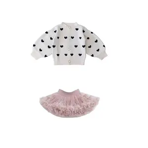 2024 Winter New Design Solid Girls Sweaters Coats Tulle Puffy Skirts 2 Pieces Cute Girls Clothing Sets