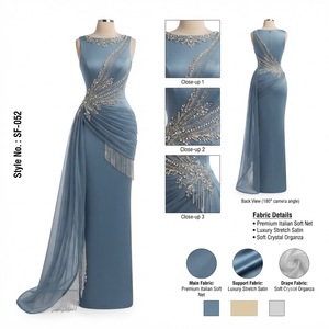 Robe fourreau de soirée bleu ardoise poussiéreux, longueur ras du sol, en satin, élégante, avec construction drapée et détails asymétriques brodés de cristaux - Product Image 1