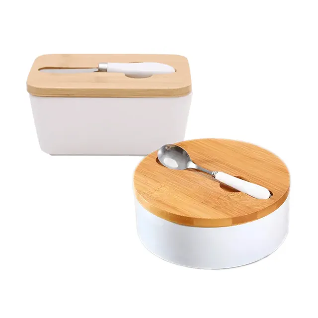 Lanfengye Ceramic Butter Dish with Bamboo Lid And Knife Butter Keeper Container For Customize