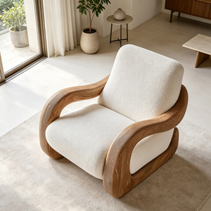 <span class=keywords><strong>Fauteuil</strong></span> individuel blanc en bouclette avec structure en fibre de verre à grain de bois courbé pour espace de vie moderne - Product Image 1