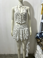 GX1038 Fashion 2026 Pakaian Wanita Musim Panas Vendor Street Wear Atasan Halter V-Neck Motif Polkadot dan Rok Mini Set 2 Potong