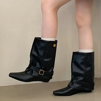 Nouvelles Bottines Femme à Talons Compensés Bas, Style Punk, avec Empiècements Unis, Bout Pointu et Boucle de Ceinture Vintage