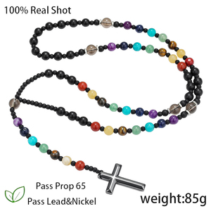 Collier de perles en pierre naturelle pour hommes, <span class=keywords><strong>style</strong></span> <span class=keywords><strong>bohème</strong></span>, avec croix en pierre de galbette noire, vente en gros - Nouveauté très prisée - Product Image 3