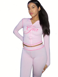 Completo da jogging da <span class=keywords><strong>donna</strong></span> Gia Hot Sell Spring: <span class=keywords><strong>Tuta</strong></span> <span class=keywords><strong>sportiva</strong></span> con felpa con cappuccio e zip, top corto, giacca a maniche lunghe e <span class=keywords><strong>pantaloni</strong></span> - Set 2 pezzi da <span class=keywords><strong>donna</strong></span> - Product Image 2