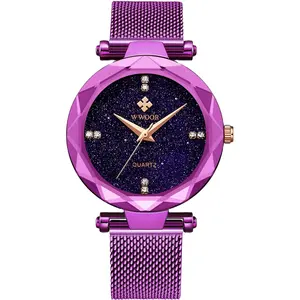 High quality wwoor purple dreamy flower stainless steel mesh starry sky Japanese quartz movement women watch dazzling colors