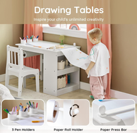 Table et chaises artisanales pour enfants avec rouleau en papier, tasses à peinture et étagères de rangement 2 en 1, bureau d'art en bois pour dessiner, peindre et écrire