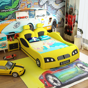Cama para niños pequeños coche de carreras dormitorio infantil muebles de juego divertidos, cubierta de cuero coche de carreras cama para niños pequeños (no incluye colchón) - Product Image 5