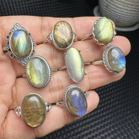 Anneaux en pierre de guérison en cristal de haute qualité, polis, couleur vive, labradorite, argent 925, pour cadeau