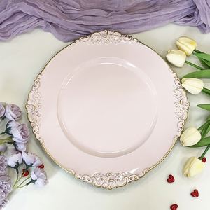 Assiettes de présentation rondes modernes en plastique, 13 pouces, rose et or, pour décoration de mariage, motif floral, vente en gros, pas cher - Product Image 1