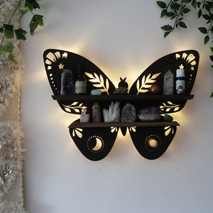 Wooden Moon Butterfly <b>Wall</b> Shelf 3 Tier Irregular Shape Decorative Crystal <b>Display</b> For Bedroom - Product Image 2