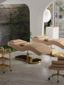 Lit de massage facial et spa de salon en cuir rose de haute qualité avec base dorée, lit cosmétique moderne de luxe réglable pour sourcils - Product Image 5