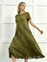 Robe longue plissée à col rond et manches courtes pour femme, taille unique, style décontracté, mode estivale, avec pompons, par un créateur
