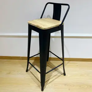 High Quality Exterior Metal Contemporary Stackable High Back Bar Chairs Wooden Seat Black Bar Stool For Kitchen Bar
