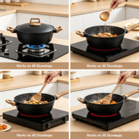 Ensemble de 17 pièces de batterie de cuisine antiadhésive, design classique, écologique, compatible four, en aluminium moulé sous pression, compatible induction, avec couvercles en verre