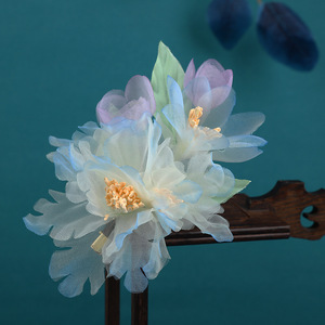 Nouveaux accessoires pour cheveux de style chinois traditionnel, design original fait main, coiffe Hanfu, fleur en gaze dégradée bleu-vert - Product Image 2