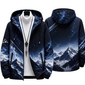 Veste à capuche pour homme, coupe-vent, motif montagne et ciel imprimé, décontractée, coupe régulière, en polyester tricoté, avec fermeture éclair - Product Image 1