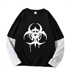 Camiseta de manga larga extragrande para hombre con mangas blancas en contraste y estampado de máscara de gas de riesgo biológico, estilo urbano, cuello redondo, algodón - Product Image 1