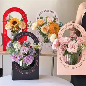 Red Pink Black White Paper Flower Basket Packaging Packing Flower Vase Valentines Gift Bag Package For Rose Bouquets Recyclable