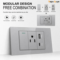 Prise murale combinée pour ordinateur et interrupteur d'éclairage en verre trempé gris, norme américaine 118*73mm, 10A, 2 prises USB-C