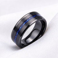 Bague de mariage pour homme en carbure de tungstène brossé noir 8 mm avec incrustation de feuille bleue, ajustement confortable, vente en gros, OEM ODM, bijoux de mode personnalisés