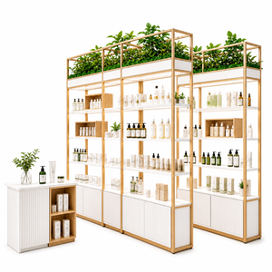<b>Wooden</b> Wall Display <b>Shelf</b> Cosmetics Retail Shelving System Beauty Store Fixture with Custom <b>White</b> Island Counter - Product Image 1