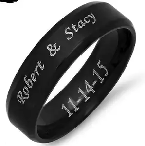 Personalized Stainless Steel Beveled Edge Brushed Center Ring for Men Women Black Wedding Band Custom Name Letter Date Ring
