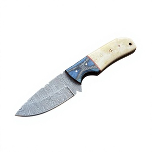 Cuchillo de caza y camping de hoja fija con punta de caída, de acero de Damasco, con mango de madera y hueso, personalizable DIY - Product Image 1