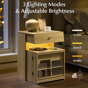 Tiered Oak Nightstand with Hidden Drawer Charging Station and LED Light, Multi-Layer <b>Storage</b> Side <b>End</b> <b>Table</b> for Small Bedrooms - Product Image 4