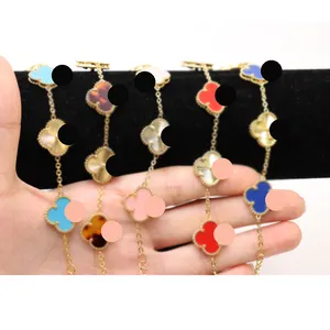 KVC Mother Day Valentine Jewelry Chains Gold Plated 3A Zircons Double Sided 5 Stones 4 Leaf Clover Bracelet Stainless Steel