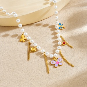 Faux Pearl Tassel Butterfly Heart Flower Pendant Necklace With Beaded Chain Women's Everyday Wear - Product Image 2