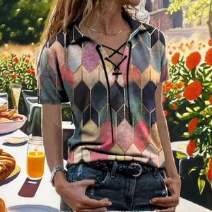 Blusa de satén transpirable de manga corta con cuello en V para mujer, estilo casual urbano, holgada y de color liso - Product Image 2