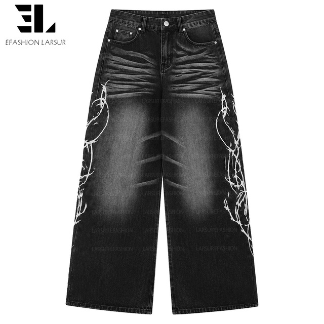 LARSUR Custom Denim Factory Distressed Wash Digital Printing Twill Baggy Pant Straight Leg Street Wear Dtg Dgt Printed Jeans Men